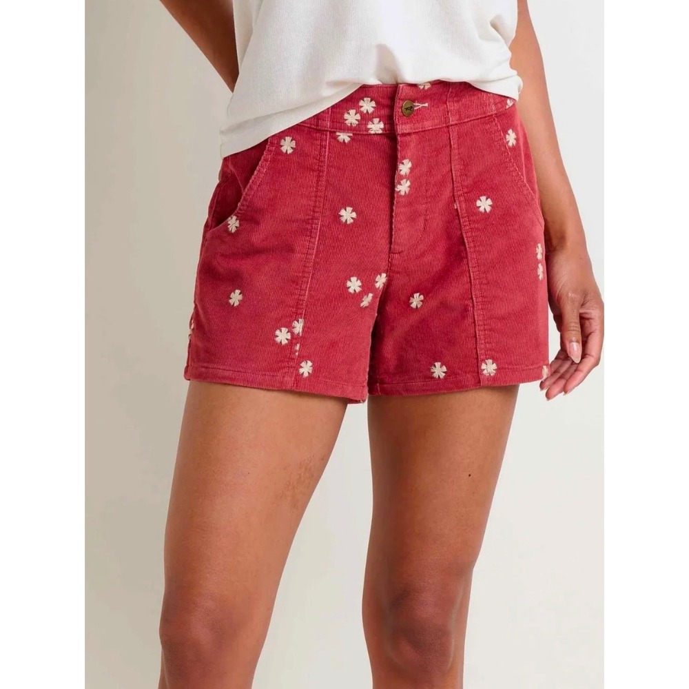 Toad&Co Coaster Corduroy Shorts Red Embroidered Floral Womens Size 10 Retro Boho